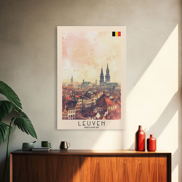 Leuven Belgium Travel Poster Framed Canvas Print, Historic Cityscape, Watercolor Art, Wall Decor, Home Decoration, Travel Print, Original Art