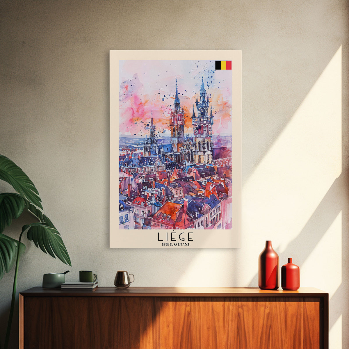 Liege Belgium Travel Poster Framed Canvas Print, Urban Landscape, Watercolor Art, Wall Decor, Home Decoration, Travel Print, Original Art