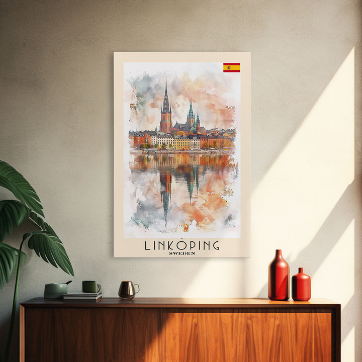 Linköping Sweden Travel Poster Framed Canvas Print, Urban Landscape, Watercolor Art, Wall Decor, Home Decoration, Travel Print, Original Art