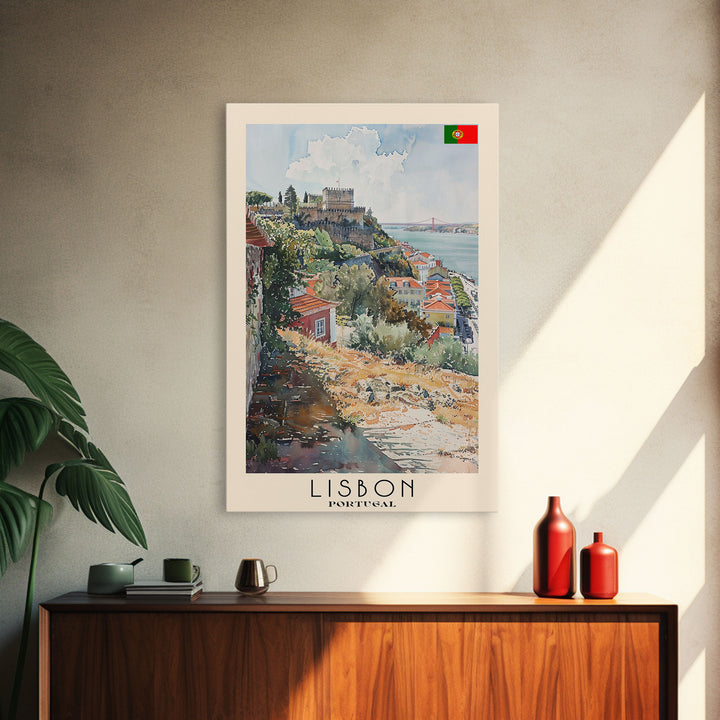Lisbon Portugal Travel Poster Framed Canvas Print, Coastal Cityscape, Watercolor Painting, Wall Art, Home Decoration, Travel Print, Artistic Gift