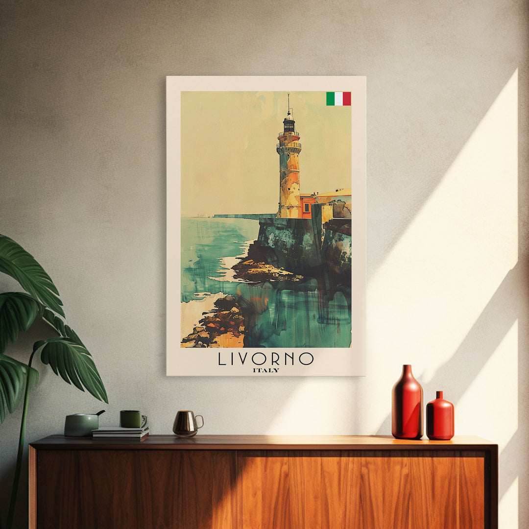 Livorno Italy Travel Poster Framed Canvas Print, Coastal Landscape, Watercolor Painting, Wall Art, Home Decor, Travel Print, Artistic Gift