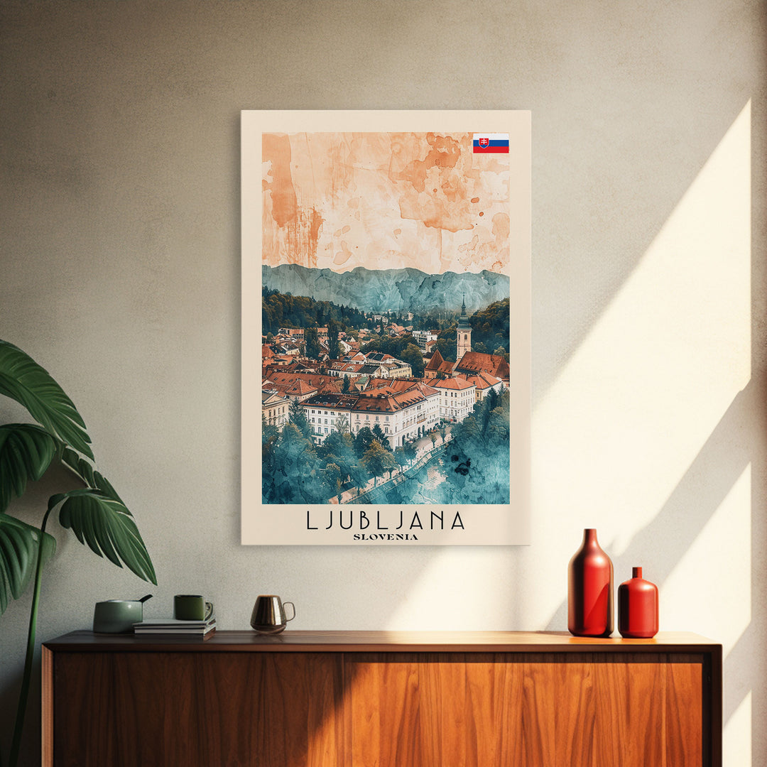 Ljubljana Slovenia Travel Poster Framed Canvas Print, Urban Landscape, Watercolor Art, Wall Decor, Home Decoration, Travel Print, Original Art
