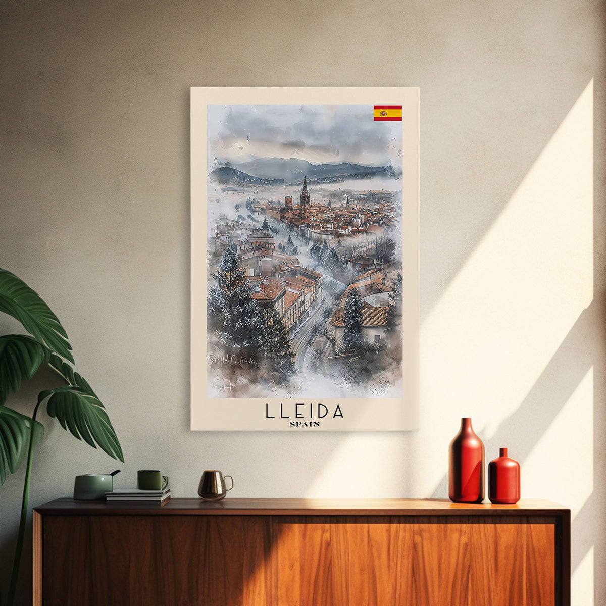 Lleida Spain Travel Poster Framed Canvas Print, Urban Landscape, Watercolor Art, Wall Decor, Home Decoration, Travel Print, Original Art