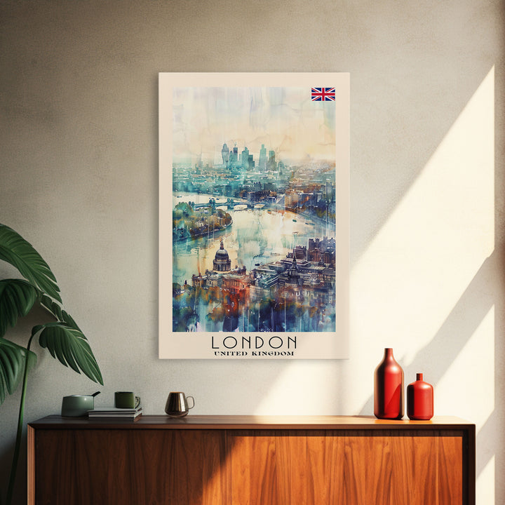 London United Kingdom Travel Poster Framed Canvas Print, Iconic Cityscape, Watercolor Art, Wall Decor, Home Decoration, Travel Print, Artistic Gift