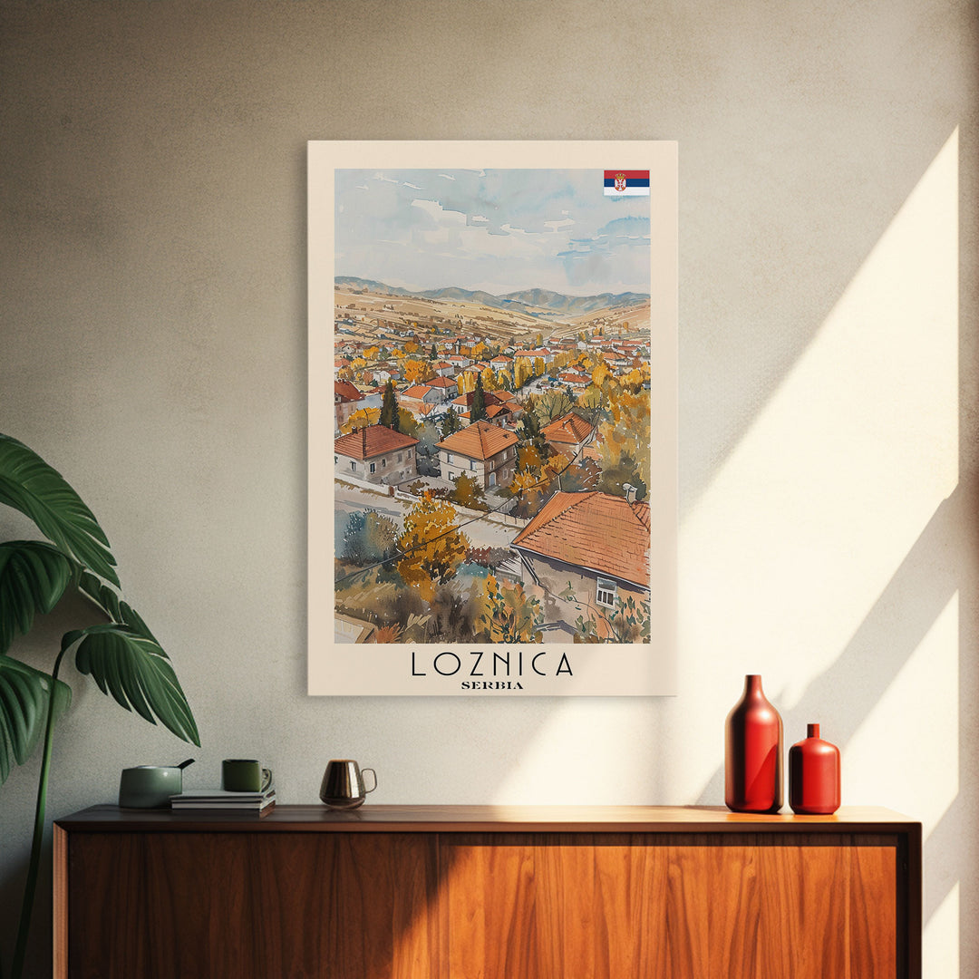 Loznica Serbia Travel Poster Framed Canvas Print, Urban Landscape, Watercolor Art, Wall Decor, Home Decoration, Travel Print, Original Art