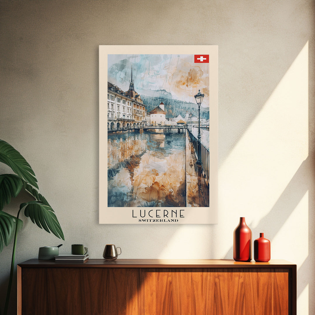 Lucerne Switzerland Travel Poster Framed Canvas Print, Scenic Landscape, Watercolor Art, Wall Decoration, Home Decor, Travel Print, Original Painting