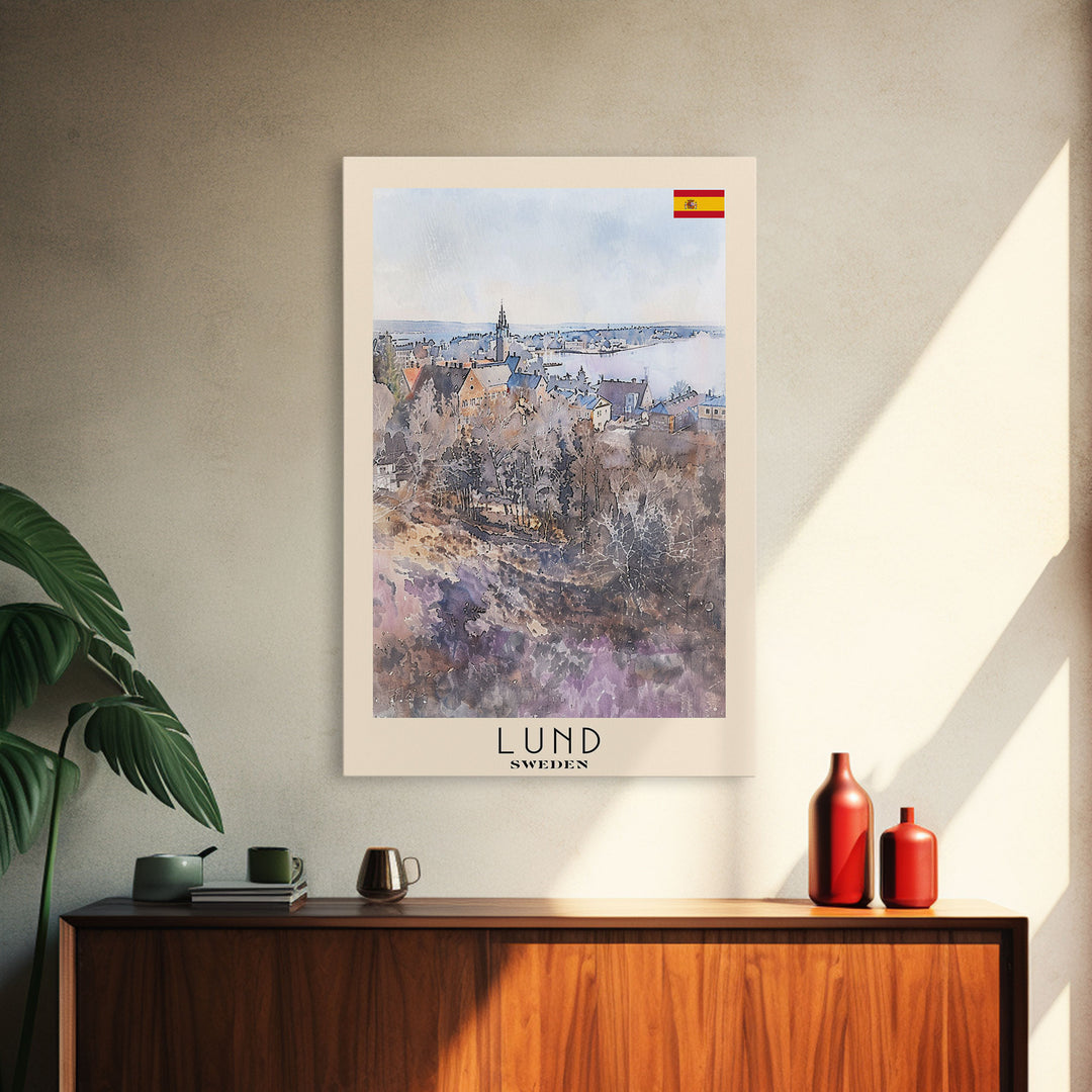 Lund Sweden Travel Poster Framed Canvas Print, Historic Cityscape, Watercolor Art, Wall Decor, Home Decoration, Travel Print, Original Art