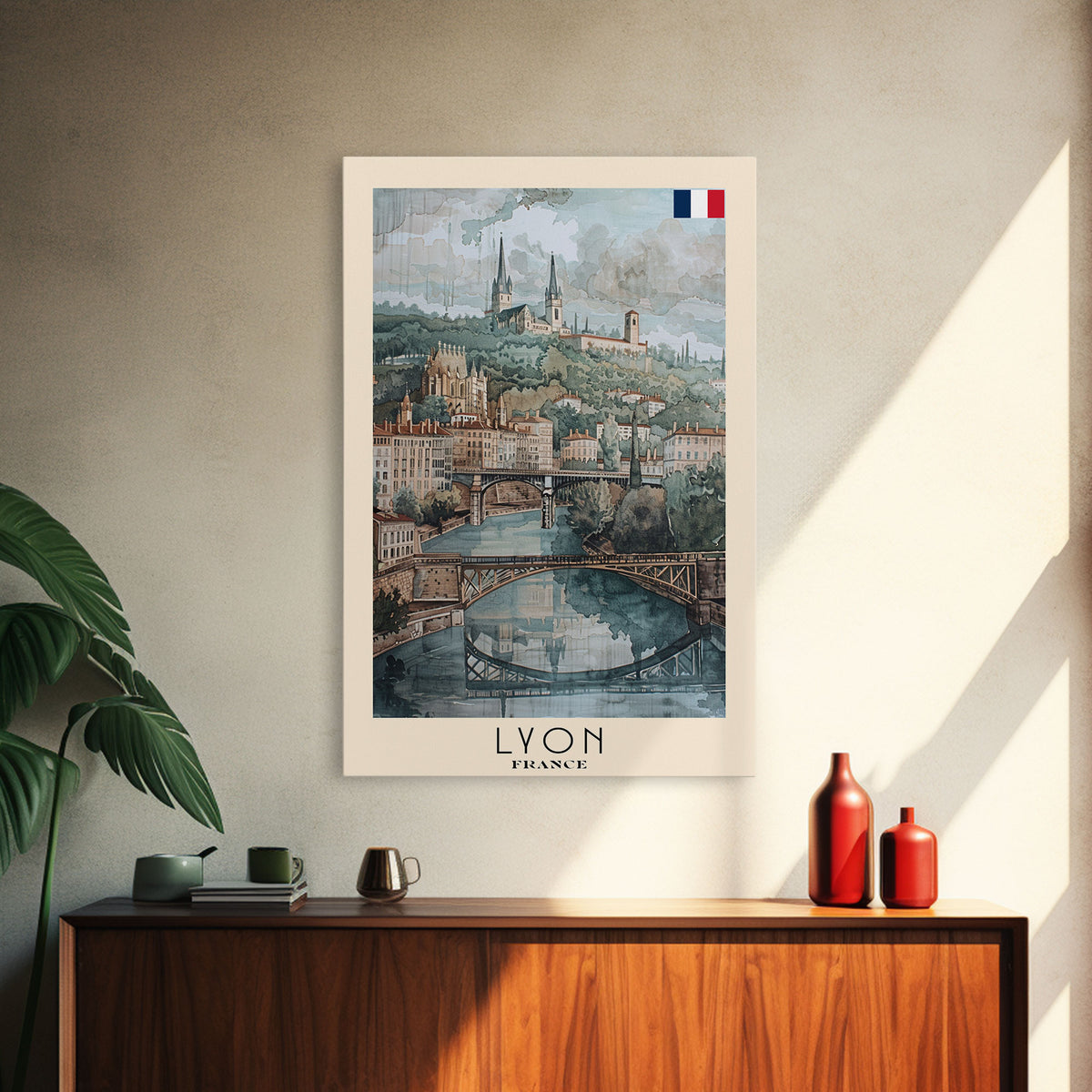 Lyon France Travel Poster Framed Canvas Print, Historic Cityscape, Watercolor Art, Wall Hanging, Home Decor, Travel Print, Art Collectible