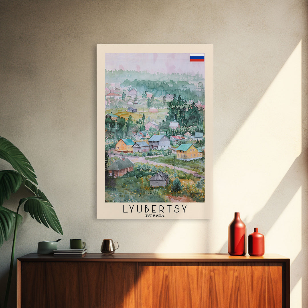 Lyubertsy Russia Travel Poster Framed Canvas Print, Modern Cityscape, Watercolor Painting, Wall Decor, Interior Art, Travel Print, Unique Design