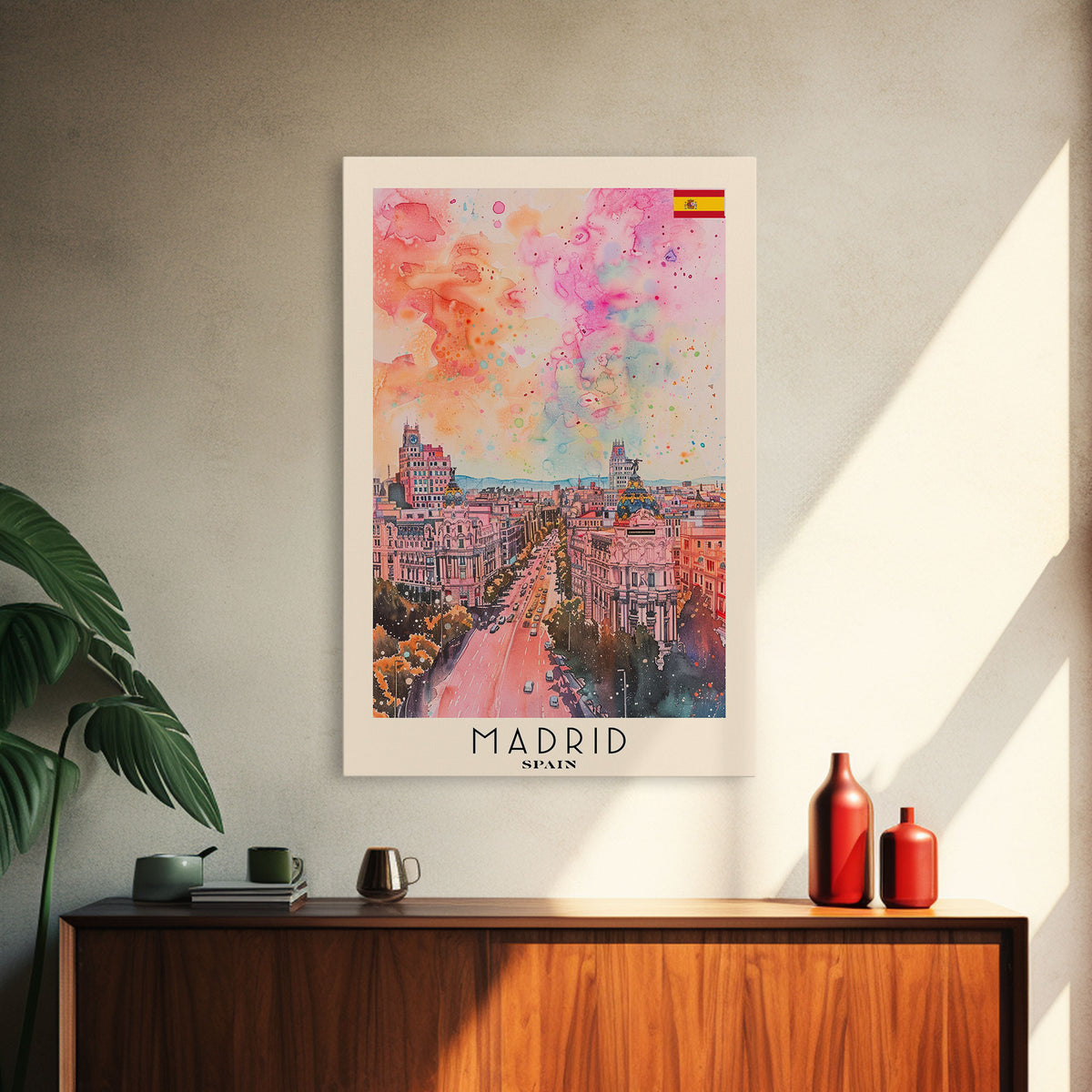 Madrid Spain Travel Poster Framed Canvas Print, Iconic Cityscape, Urban Art, Wall Decor, Home Decoration, Travel Print, Original Artwork