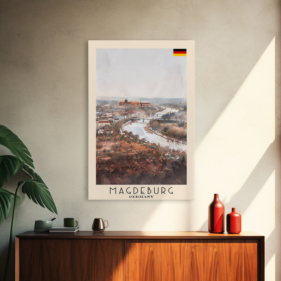 Magdeburg Germany Travel Poster Framed Canvas Print, Historic Landmarks, Watercolor Art, Wall Decor, Home Interior, Travel Print, Artistic Gift