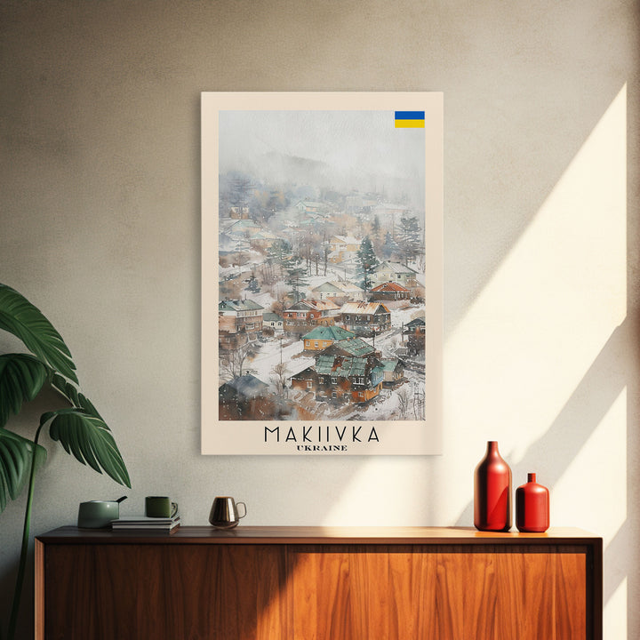Makiivka Ukraine Travel Poster Framed Canvas Print, Urban Landscape, Watercolor Painting, Wall Art, Home Decoration, Travel Print, Unique Art