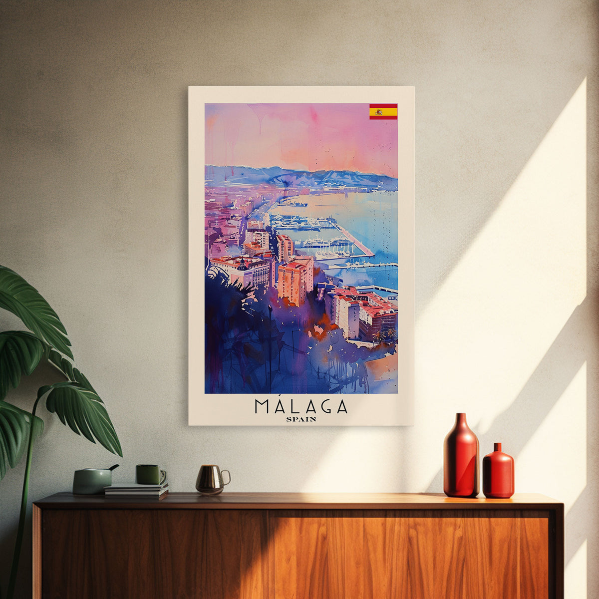 Malaga Spain Travel Poster Framed Canvas Print, Vibrant Coastline, Watercolor Art, Wall Decoration, Interior Decor, Travel Print, Unique Artwork