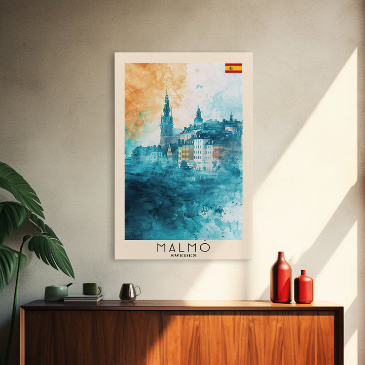 Malmo Sweden Travel Poster Framed Canvas Print, Modern Cityscape, Urban Art, Wall Hanging, Home Decor, Travel Print, Original Piece