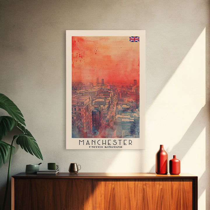 Manchester United Kingdom Travel Poster Framed Canvas Print, Iconic Landmarks, Watercolor Painting, Wall Decor, Interior Art, Travel Print, Artistic Gift