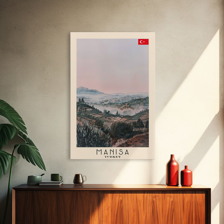 Manisa Turkey Travel Poster Framed Canvas Print, Scenic Landscape, Watercolor Art, Wall Decoration, Home Design, Travel Print, Unique Art