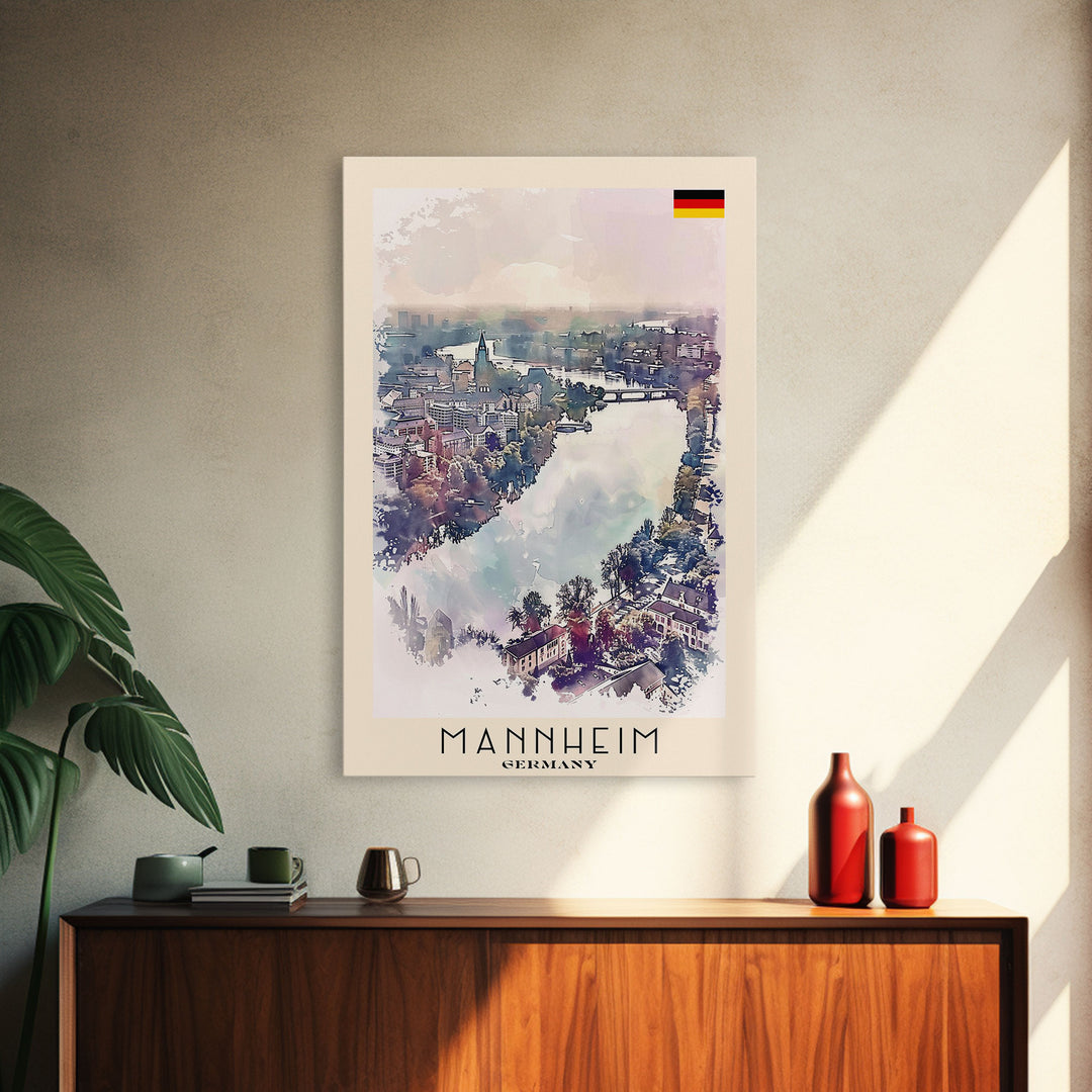 Mannheim Germany Travel Poster Framed Canvas Print, Historic Architecture, Watercolor Art, Wall Hanging, Interior Decor, Travel Print, Original Painting