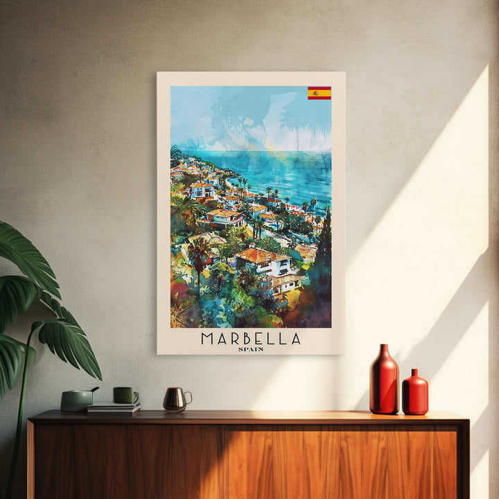 Marbella Spain Travel Poster Framed Canvas Print, Coastal Cityscape, Watercolor Painting, Wall Decor, Home Decoration, Travel Print, Artistic Piece