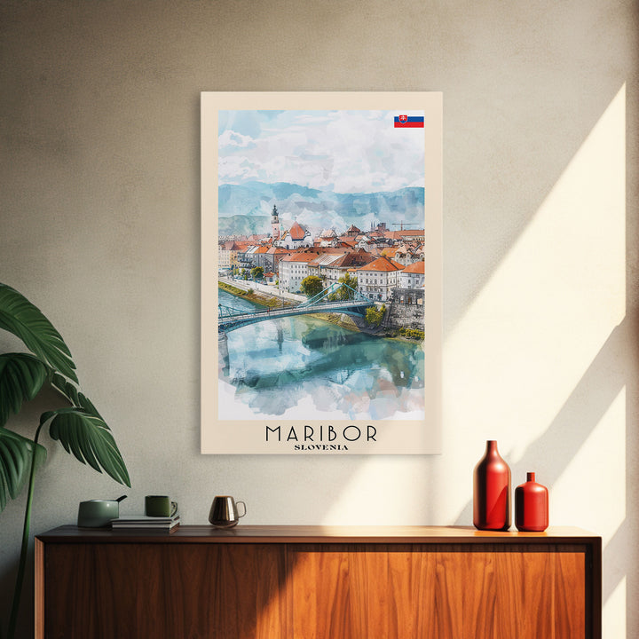 Maribor Slovenia Travel Poster Framed Canvas Print, Urban Landscape, Watercolor Art, Wall Hanging, Home Decor, Travel Print, Original Art