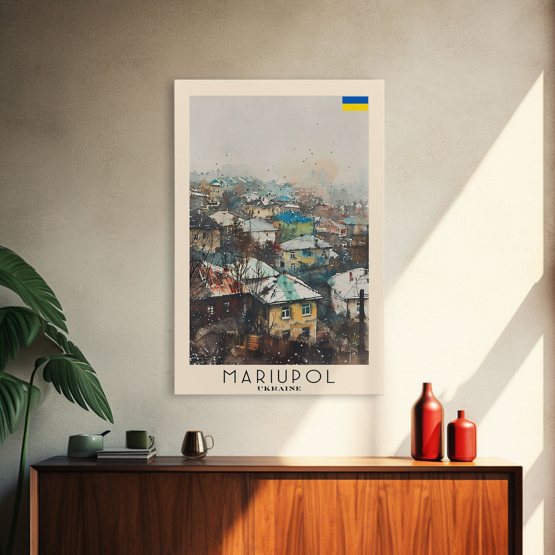 Mariupol Ukraine Travel Poster Framed Canvas Print, Scenic Cityscape, Watercolor Painting, Wall Decor, Interior Design, Travel Print, Unique Artwork