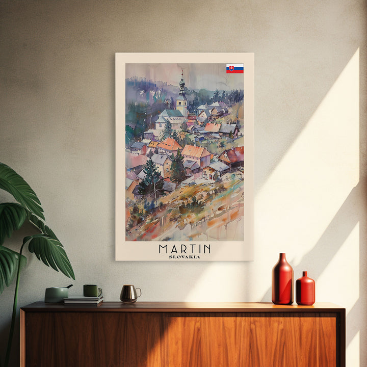 Martin Slovakia Travel Poster Framed Canvas Print, Scenic Mountain Landscape, Watercolor Art, Wall Decor, Home Interior, Travel Print, Unique Artwork