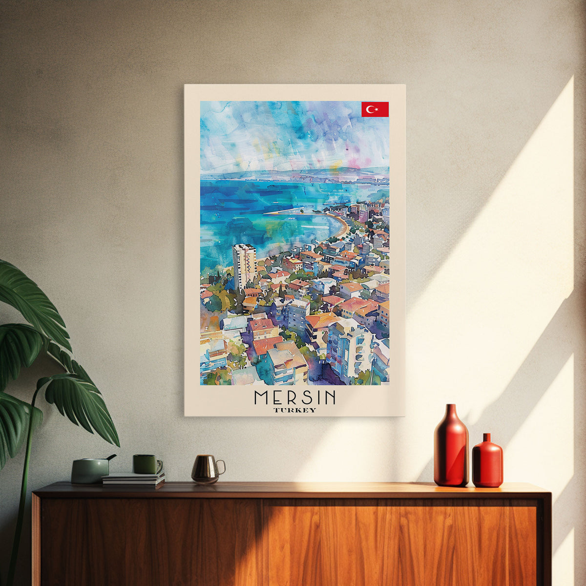 Mersin Turkey Travel Poster Framed Canvas Print, Coastal Landscape, Watercolor Art, Wall Decoration, Interior Design, Travel Print, Original Painting