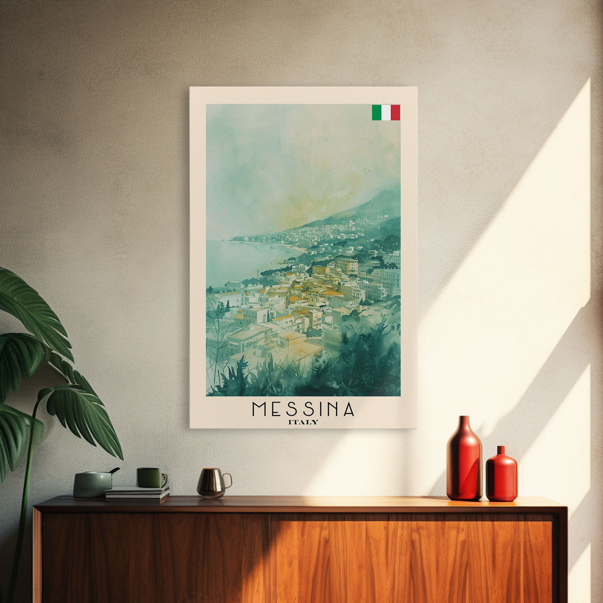 Messina Italy Travel Poster Framed Canvas Print, Urban Coastal Cityscape, Watercolor Art, Wall Decor, Home Decoration, Travel Print, Unique Art