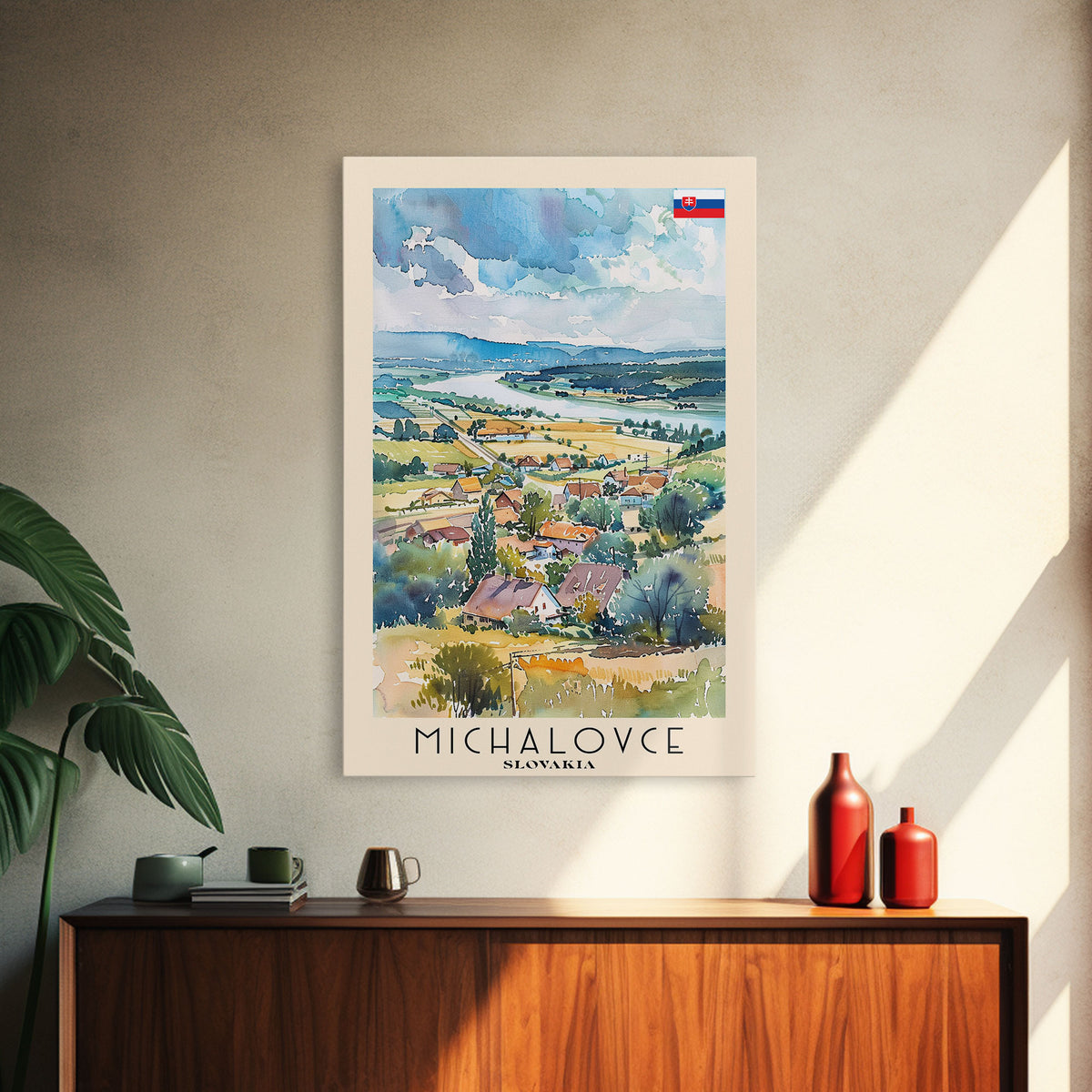 Michalovce Slovakia Travel Poster Framed Canvas Print, Scenic Landscape, Watercolor Painting, Wall Art, Home Decor, Travel Print, Original Piece