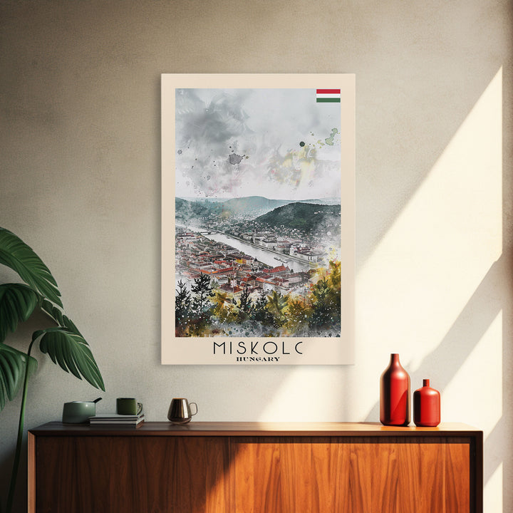 Miskolc Hungary Travel Poster Framed Canvas Print, Historic Cityscape, Watercolor Painting, Wall Decor, Home Decoration, Travel Print, Original Art