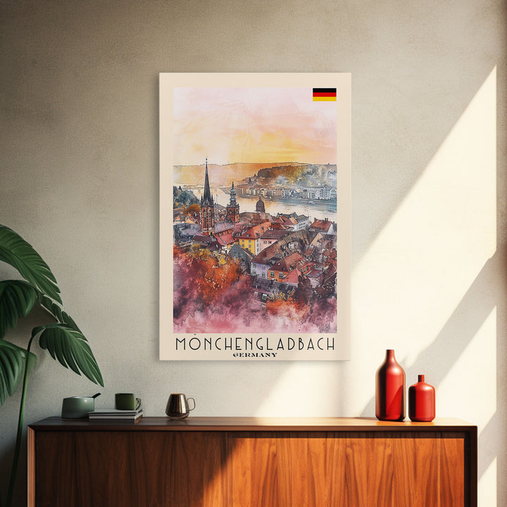 Mönchengladbach Germany Travel Poster Framed Canvas Print, Modern Cityscape, Watercolor Art, Wall Decoration, Interior Decor, Travel Print, Unique Artwork