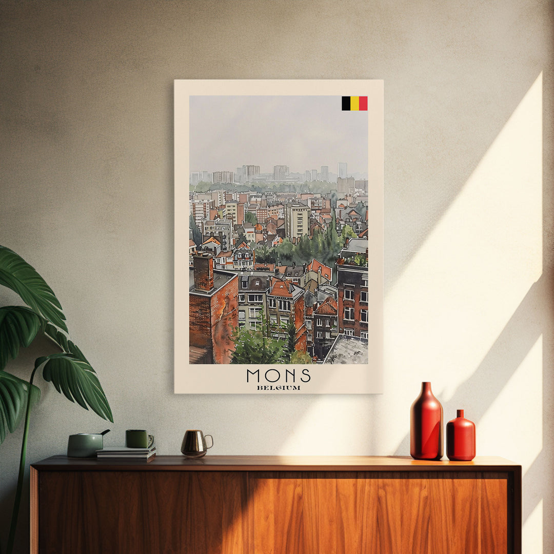 Mons Belgium Travel Poster Framed Canvas Print, Scenic Urban Landscape, Watercolor Painting, Wall Art, Home Decor, Travel Print, Original Painting