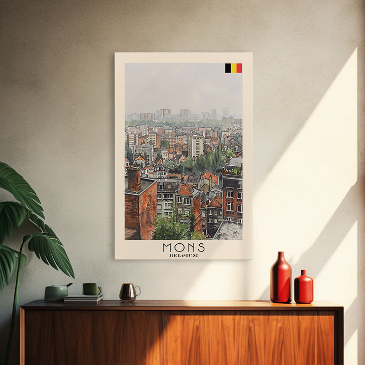 Mons Belgium Travel Poster Framed Canvas Print, Scenic Urban Landscape, Watercolor Painting, Wall Art, Home Decor, Travel Print, Original Painting