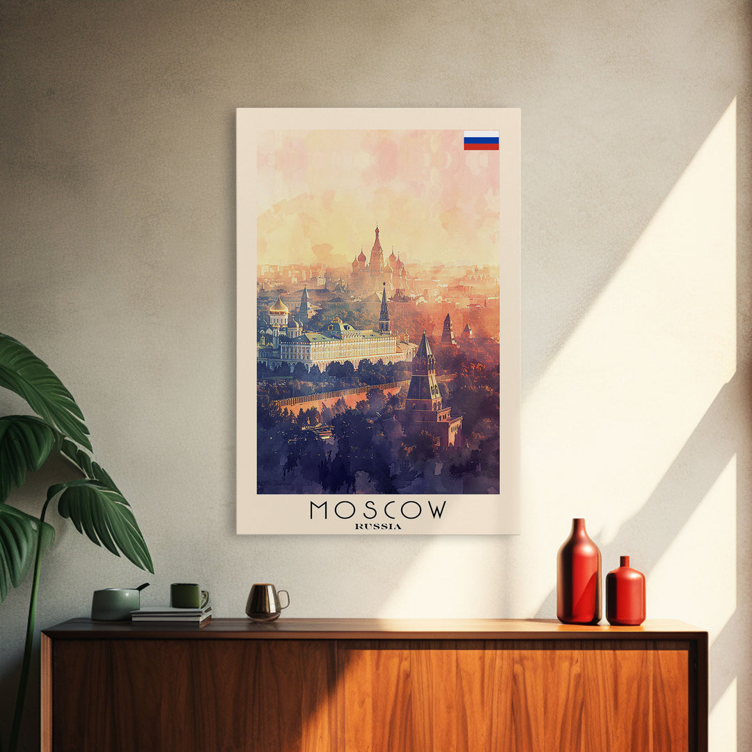 Moscow Russia Travel Poster Framed Canvas Print, Historic Landmarks, Watercolor Painting, Wall Art, Home Decor, Travel Print, Artistic Gift