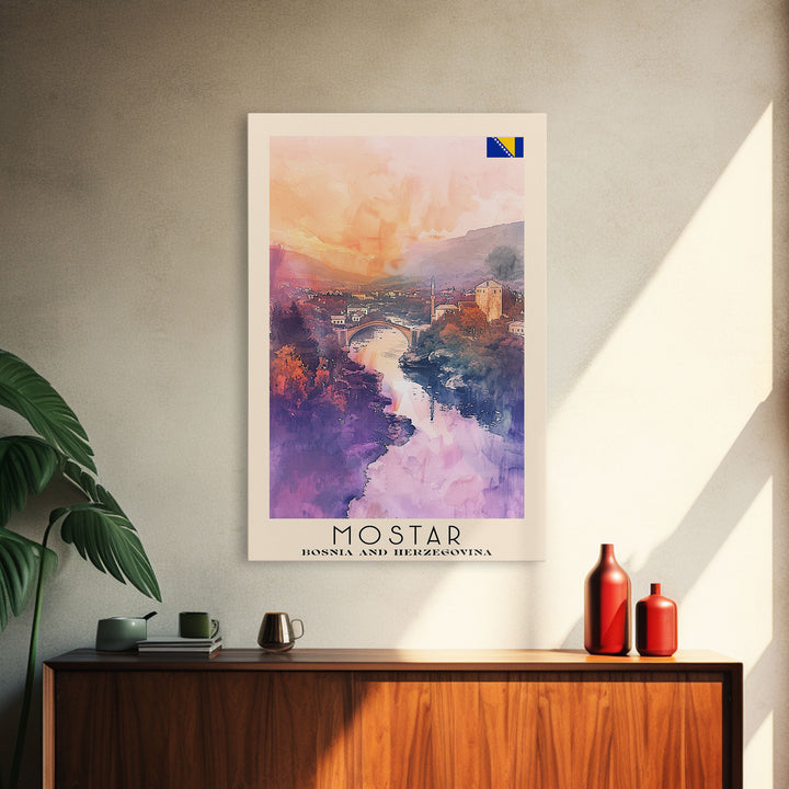 Mostar Bosnia Travel Poster Framed Canvas Print, Scenic Landscape, Watercolor Art, Wall Hanging, Home Decoration, Travel Print, Original Piece