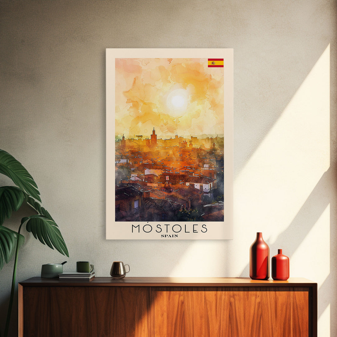Móstoles Spain Travel Poster Framed Canvas Print, Urban Landscape, Watercolor Art, Wall Decor, Interior Decor, Travel Print, Unique Artwork