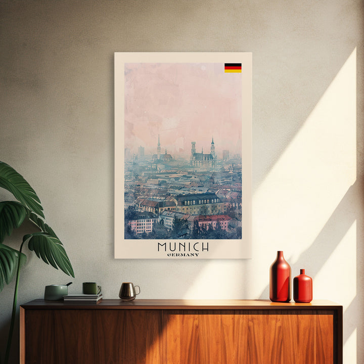 Munich Germany Travel Poster Framed Canvas Print, Iconic Cityscape, Watercolor Art, Wall Decoration, Home Decor, Travel Print, Artistic Piece