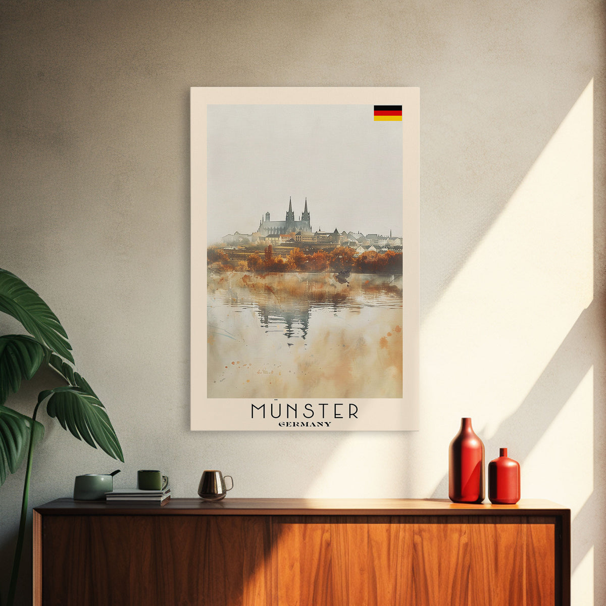 Münster Germany Travel Poster Framed Canvas Print, Historic Architecture, Watercolor Painting, Wall Art, Interior Design, Travel Print, Unique Art