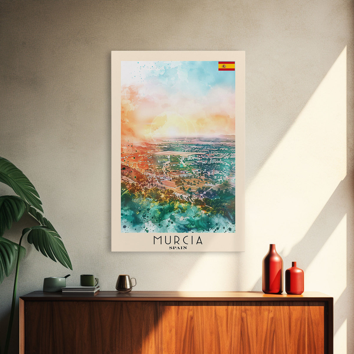 Murcia Spain Travel Poster Framed Canvas Print, Scenic Urban Landscape, Watercolor Art, Wall Hanging, Home Decor, Travel Print, Original Painting