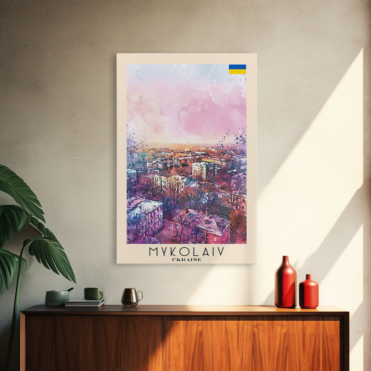 Mykolaiv Ukraine Travel Poster Framed Canvas Print, Urban Landscape, Watercolor Art, Wall Decor, Interior Decoration, Travel Print, Original Artwork