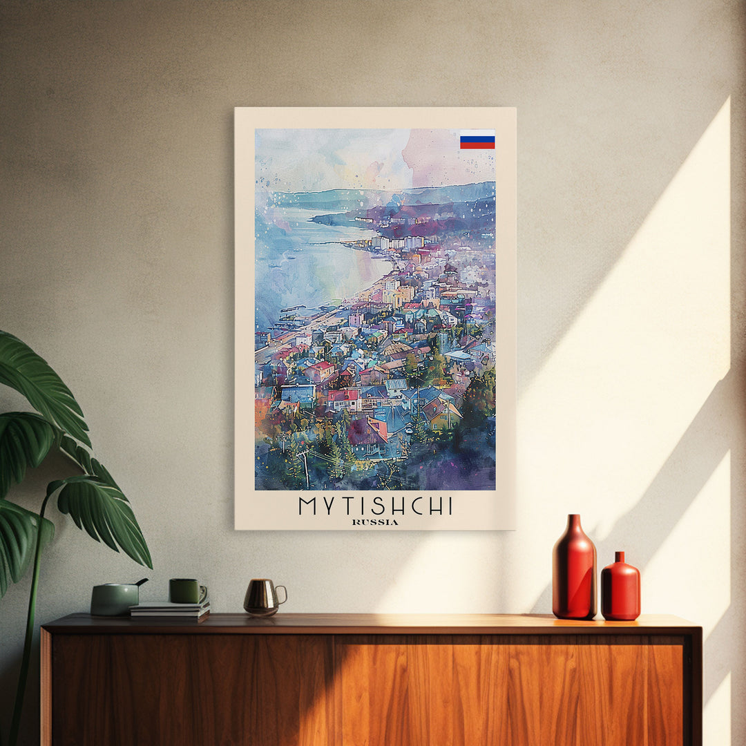 Mytishchi Russia Travel Poster Framed Canvas Print, Vibrant Cityscape, Watercolor Art, Wall Hanging, Home Decor, Travel Print, Unique Piece