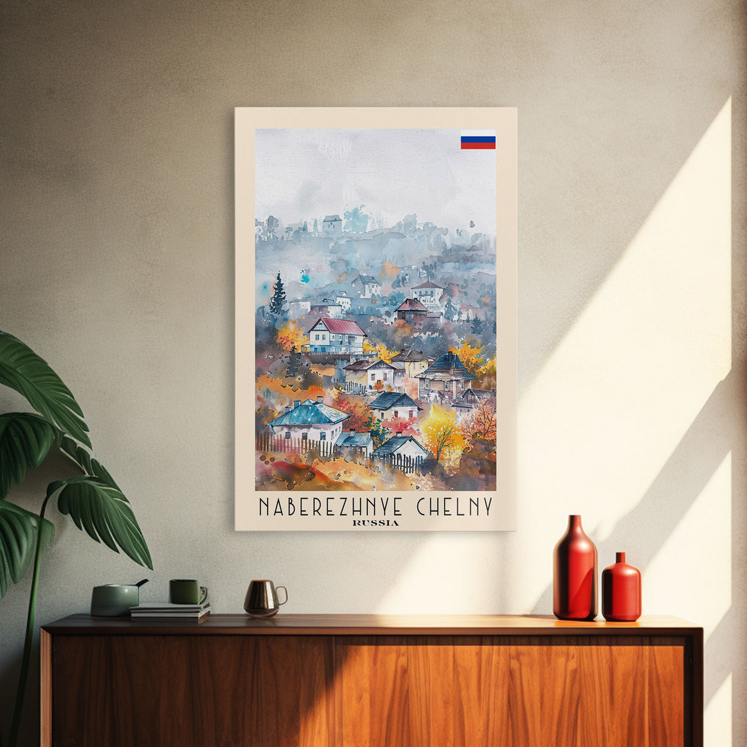 Naberezhnye Chelny Russia Framed Canvas Print, Boho Watercolor Painting, Scenic Wall Art, Travel Poster, Home Decor, Unique Art