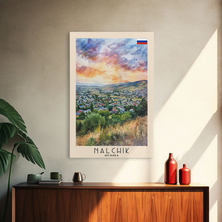 Nalchik Russia Travel Poster Framed Canvas Print, Sunset Watercolor Painting, Scenic Art, Vacation Wall Art, Living Room Decor, Unique Art