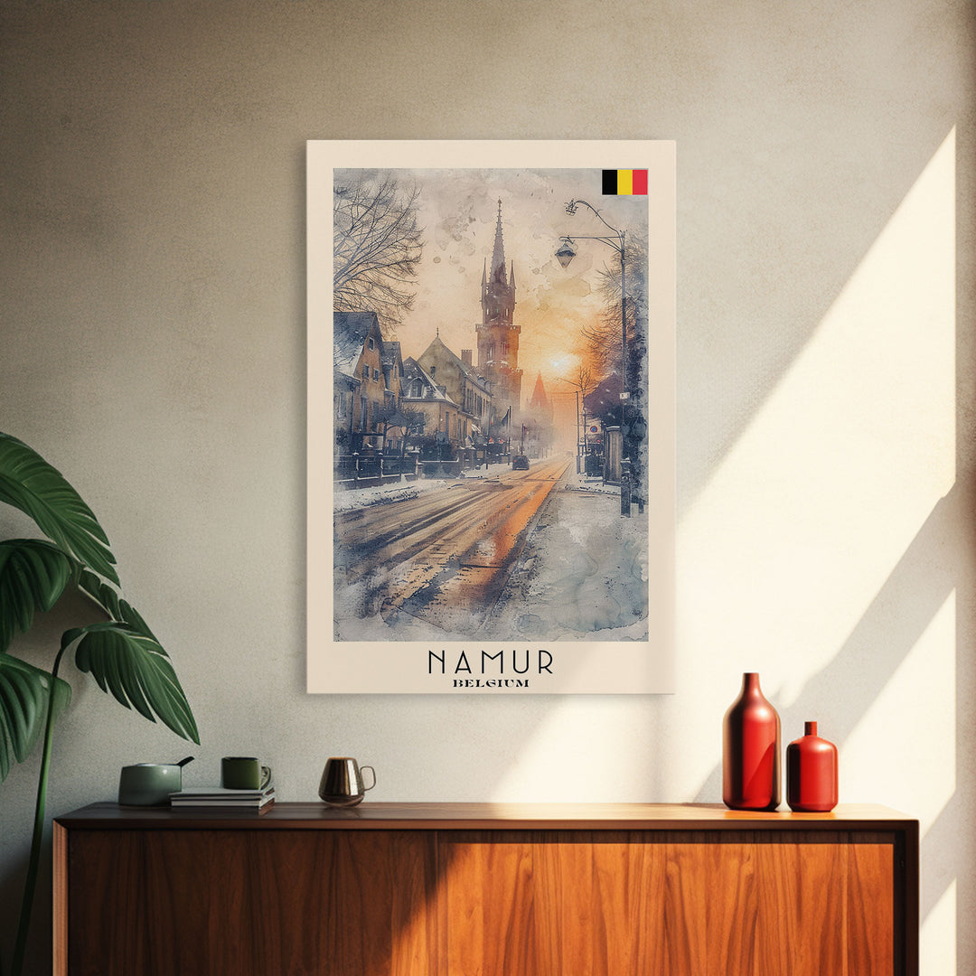 Namur Belgium Framed Canvas Print, Vintage Travel Poster, Architectural Wall Art, Watercolor Painting, Home Decor, Vacation Art, Unique Art