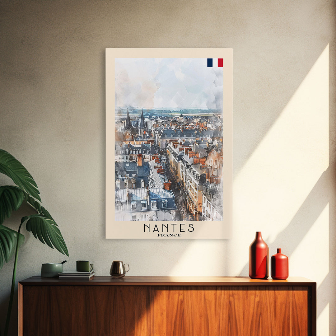 Nantes France Travel Poster Framed Canvas Print, Cityscape Watercolor Painting, Wall Art, Home Decor, Vacation Art, Urban Art, Unique Art
