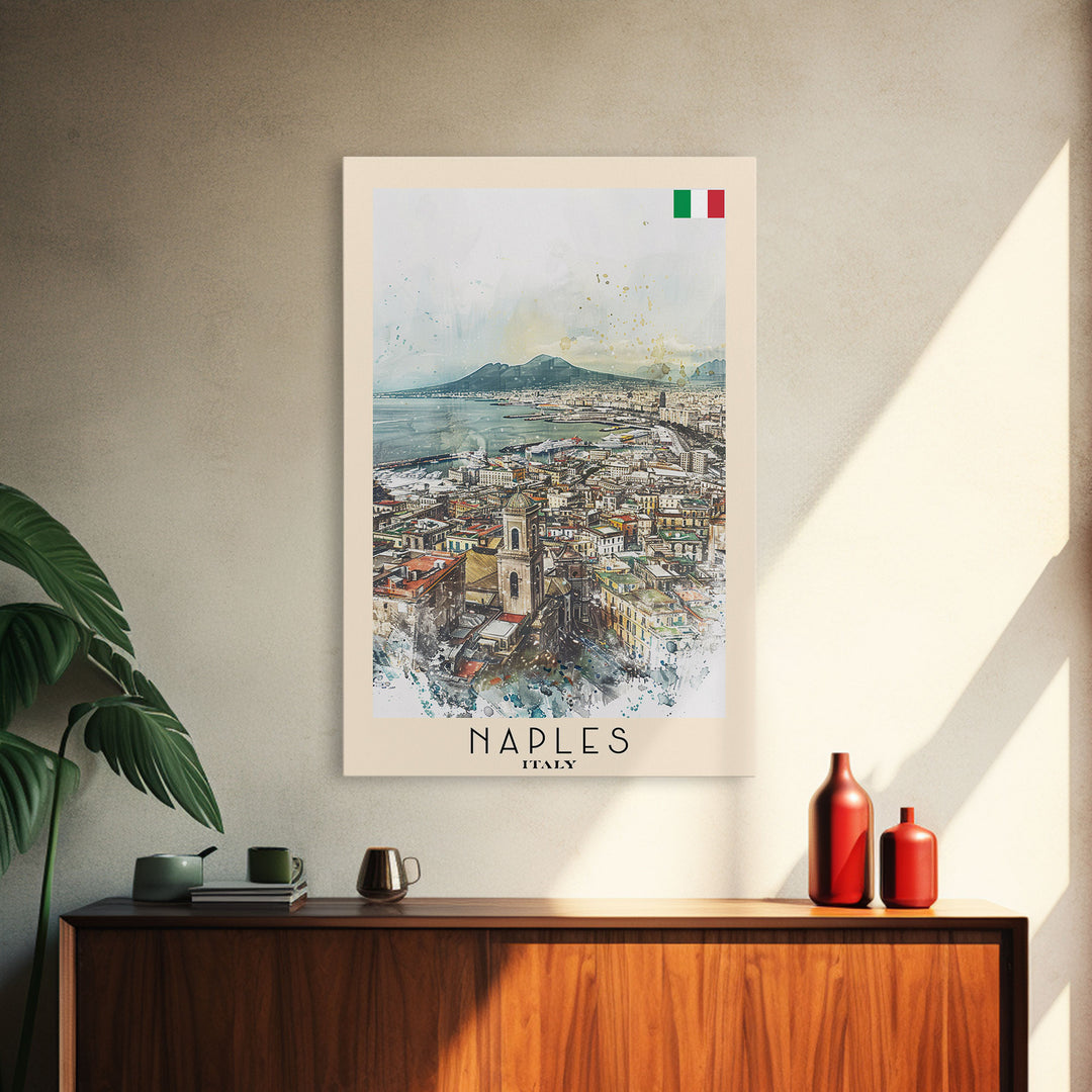 Naples Italy Framed Canvas Print, Scenic Travel Poster, Watercolor Painting, Coastal Wall Art, Home Decor, Vacation Art, Unique Art