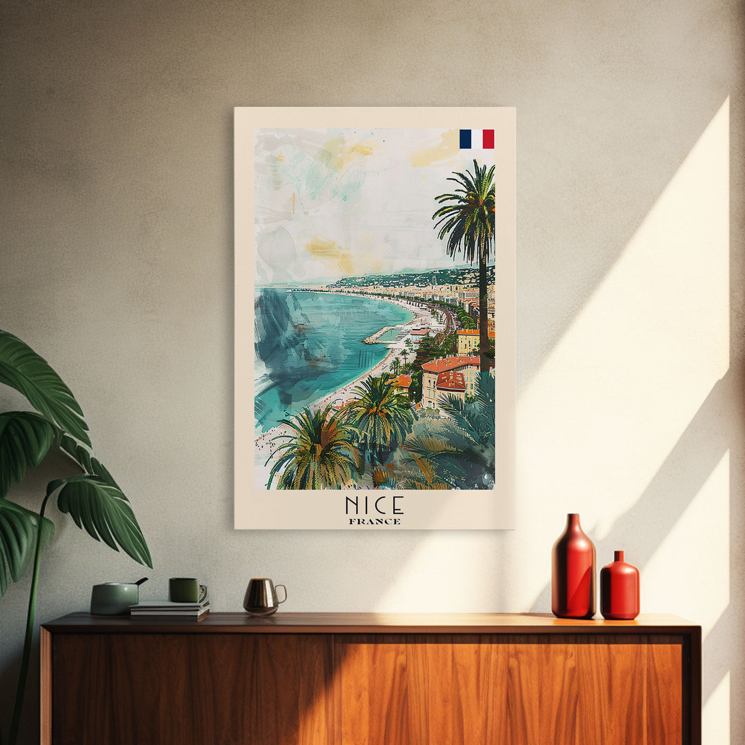 Nice France Travel Poster Framed Canvas Print, Coastal Watercolor Painting, Scenic Wall Art, Home Decor, Vacation Art, Unique Art
