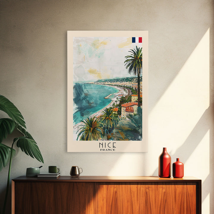 Nice France Travel Poster Framed Canvas Print, Coastal Watercolor Painting, Scenic Wall Art, Home Decor, Vacation Art, Unique Art