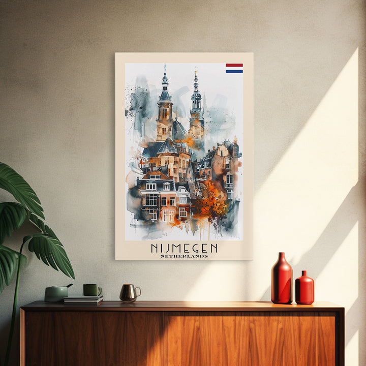 Nijmegen Netherlands Framed Canvas Print, Urban Travel Poster, Watercolor Painting, Architectural Wall Art, Home Decor, Unique Art