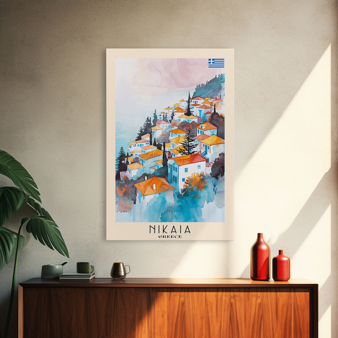 Nikaia Greece Framed Canvas Print, Boho Travel Poster, Watercolor Painting, Wall Art, Home Decor, Greek Scenery, Mediterranean Style