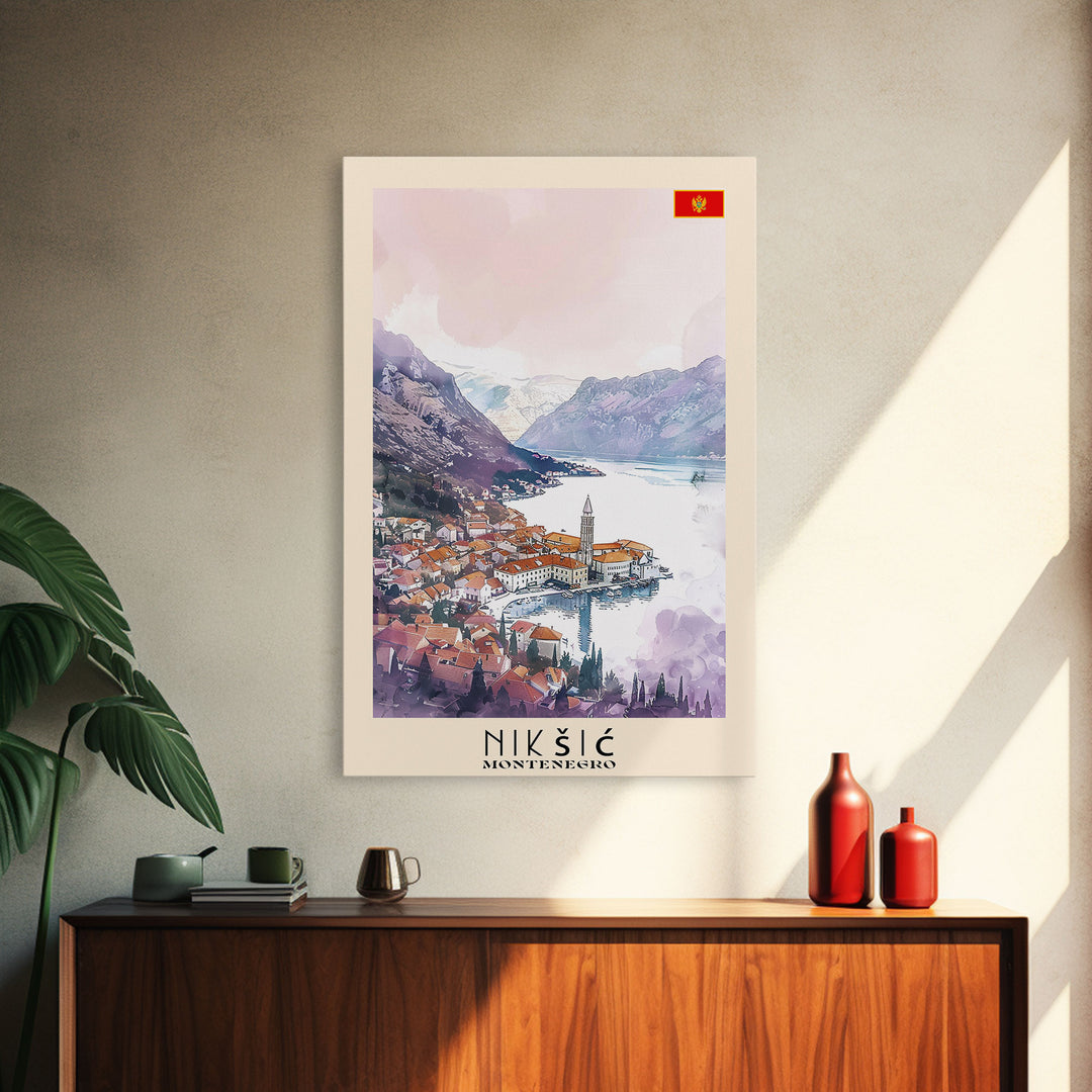 Niksic Montenegro Framed Canvas Print, Scenic Travel Poster, Watercolor Painting, Wall Art, Home Decor, Montenegro Landscape, Rustic Decor